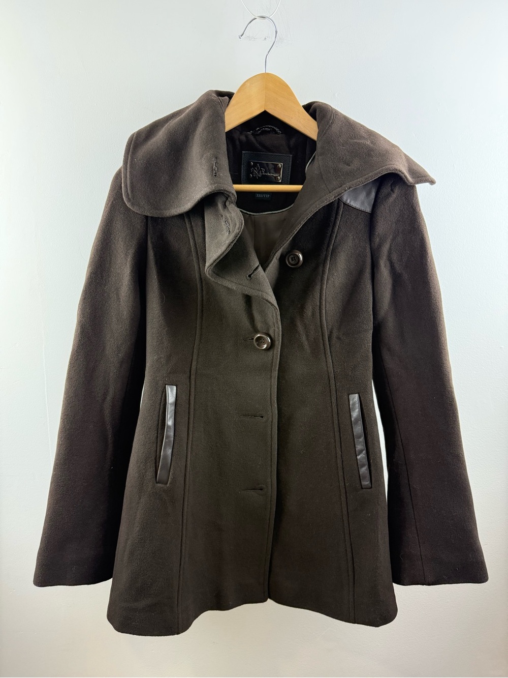 Mackage Archival Brown Wool Cashmere Leather Trim Asymmetric Coat Jacket XXS